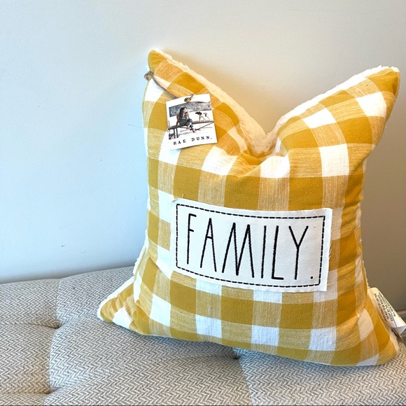NWT Rae Dunn “Family” yellow gingham down filled pillow with faux shearling back - Picture 2 of 3